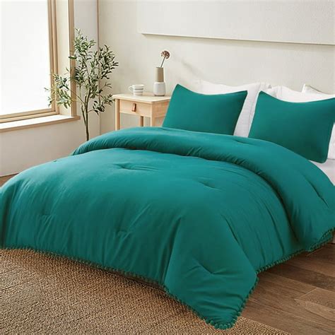 Exclusivo Mezcla Boho Pom Pom Ball Fringe Twin Comforter Set 2 Pieces Dusty Teal Lightweight