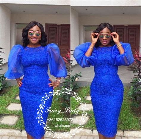 Aso Ebi African Royal Blue Prom Dresses Tea Length Lace Short Evening