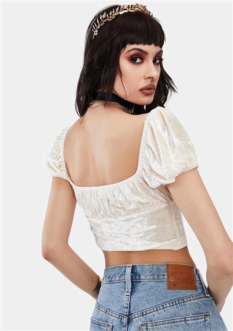 Crushed Velvet Ruched Puff Sleeve Crop Top Cream Dolls Kill