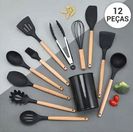 Kit De Utens Lios Para Cozinha Em Silicone E Bambu Pe As Midio