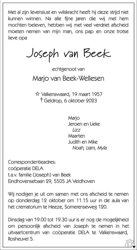 Joseph Van Beek 06 10 2023 Overlijdensbericht En Condoleances