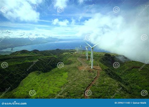 Highland Harvest Mountain Wind Farms Amidst Cloud Laden Skies Stock