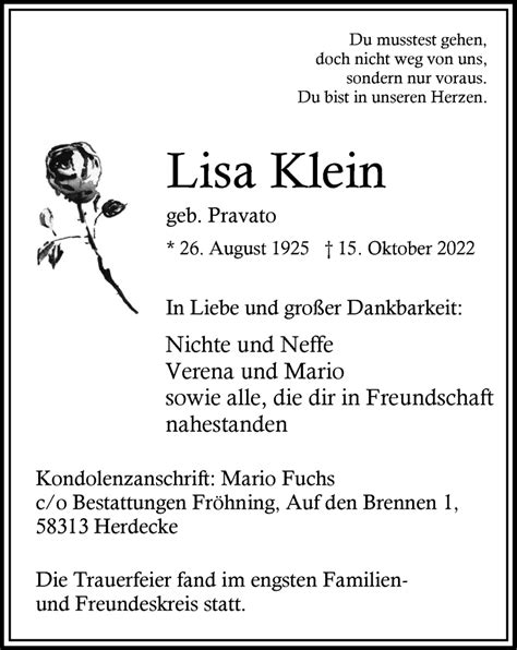 Traueranzeigen Von Lisa Klein Trauer In NRW De