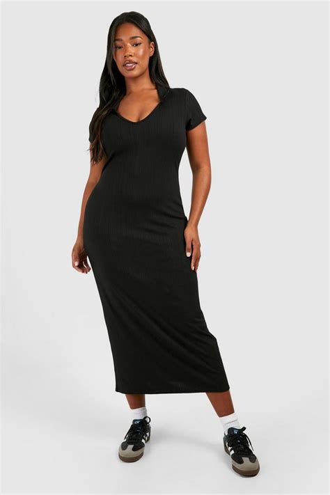 Plus Rib Collar Short Sleeve Midi Dress Boohoo Usa