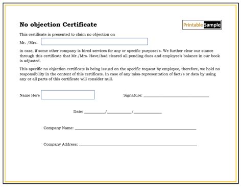 No Objection Certificate Form