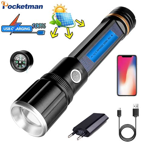 High Power Solar Charging LED Flashlight USB Rechargeable Torch