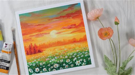 Sunset In The Flower Fields 🌼🌞 Easy Acrylic Painting For Beginners