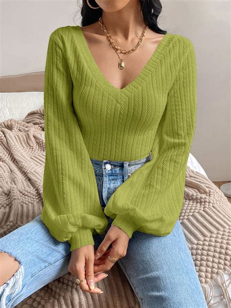 Shein Priv Solid Lantern Sleeve V Neck Rib Knit Tee