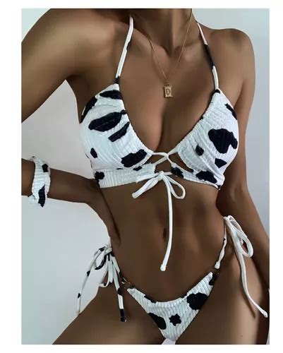 Set De Bikini De Impresión De Vaca Triángulo Halter Traje Meses sin intereses