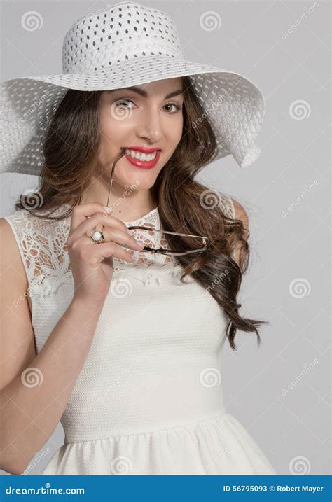 Brunette Woman In White Hat Stock Image Image Of Clean Creative 56795093