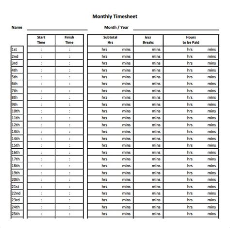 Basic Monthly Timesheet Templates