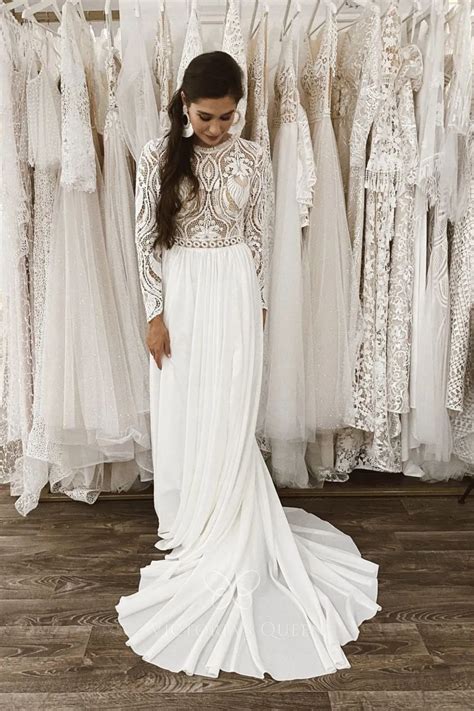 Vintage Ivory Lace And Chiffon Long Sleeve Wedding Dress Vq