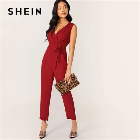 SHEIN Surplice Neck Self Belted Rolled Hem Summer Jumpsuit Women