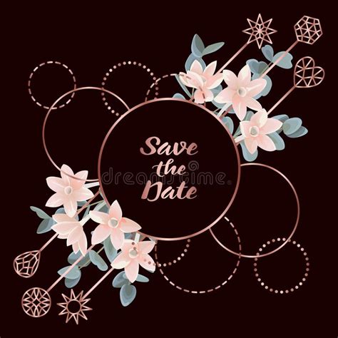 Save The Date Card With Eucalyptus Flowers And Pink Golden Frame Stock