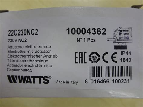 WATTS 22C SERIES ELECTROTHERMIC ACTUATOR, P/N 22C230NC2, 230 VAC POWER ...