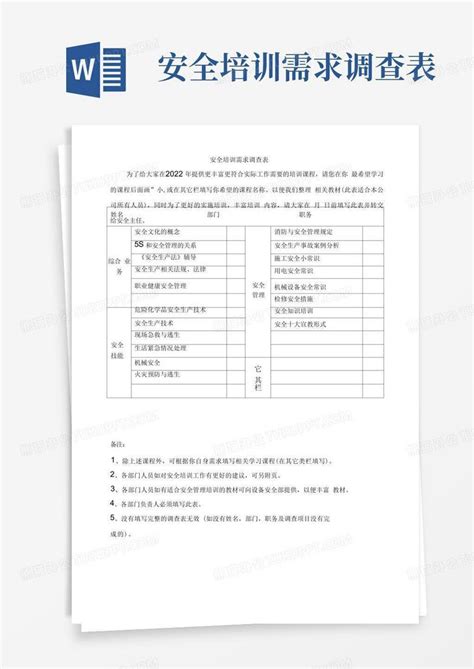 安全培训需求调查表 Word模板下载编号qxwzeddg熊猫办公