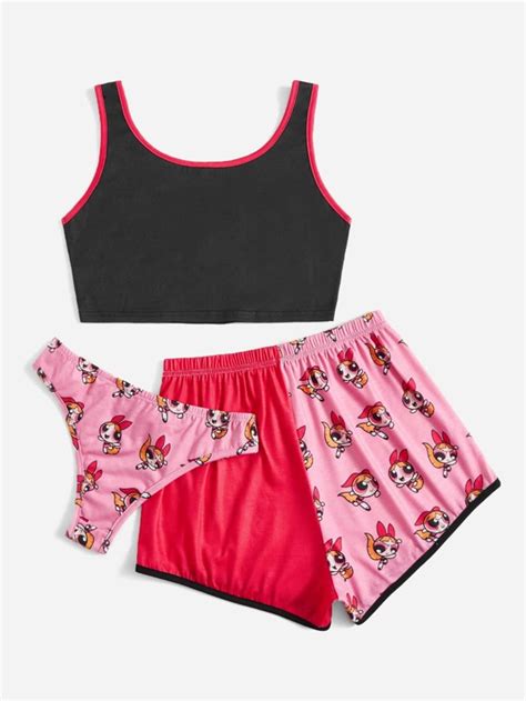 The Powerpuff Girls Romwe 3 Piezas Conjunto De Pijama Con Estampado De Dibujos Animados Unido