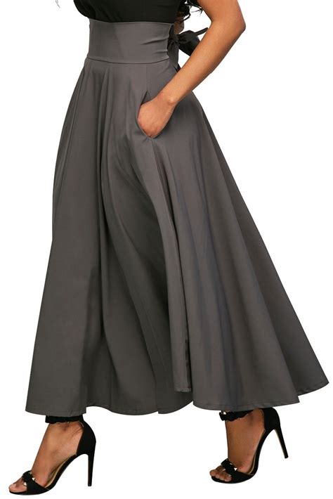 Gray Retro High Waist Pleated Belted Maxi Skirt Skirt Fashion Maxi