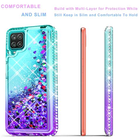 Samsung Galaxy A12 Case Liquid Floating Glitter Quicksand Bling With Spot Diamond Cover Teal