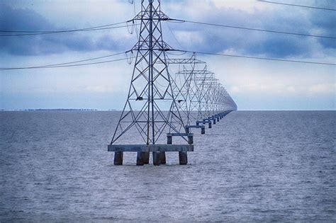 Elecricity Lines Over Lake Pontchartrain In Louisiana Usa Beautifully