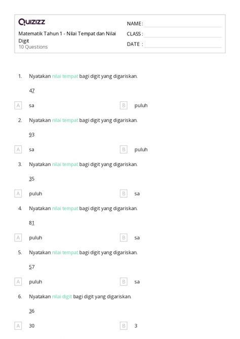 50 Lembar Kerja Nilai Tempat Desimal Untuk Kelas 1 Di Quizizz Gratis