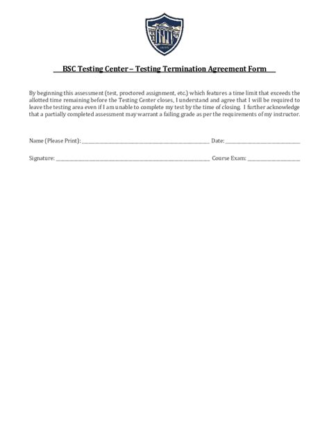 Fillable Online Bsc Testing Centertesting Termination Agreement Form