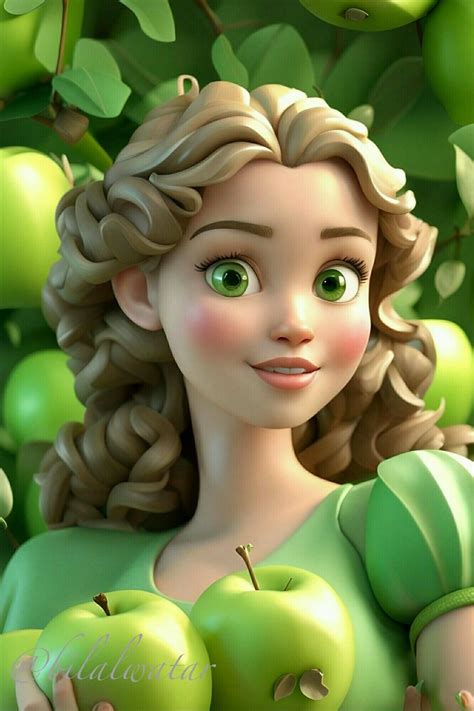 A Cartoon Character Holding Two Green Apples In Front Of Some Leaves