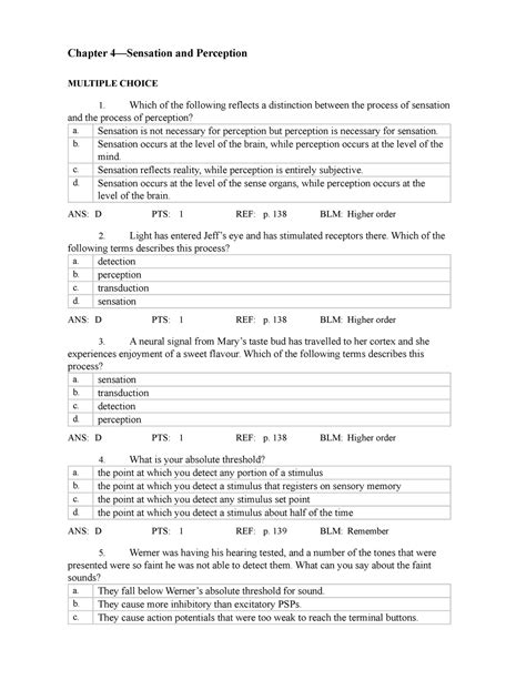 Sample Practice Exam Questions And Answers Chapter Sensation