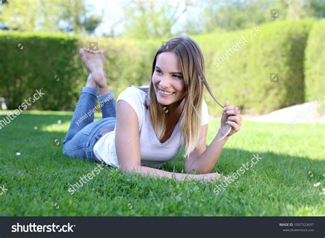 Beautiful Blonde Woman Naked Feet Lying Stock Photo