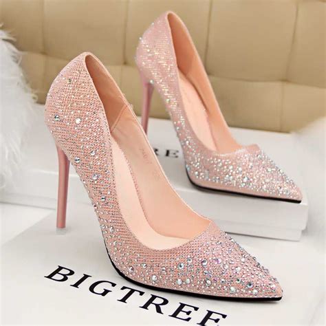 Elegant Color Rhinestone Pointed Toe Shallow Pumps Thin High Heels Wedding Shoes For Women Eur