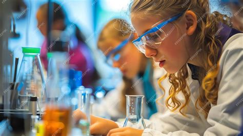 Premium Photo | A young scientist girl wearing a lab coat and safety goggles conducts an ...