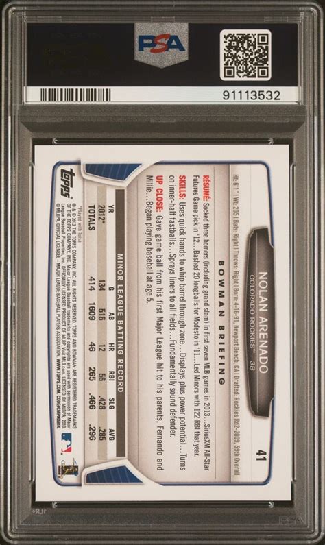 2013 Bowman Draft Rookies Nolan Arenado 41 RC CARDINALS ROCKIES PSA 9