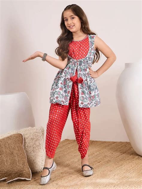 Girls Ethnic Motifs Printed Regular Kurti With Dhoti Pants At Rs