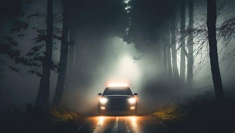 Premium Photo | The car is driving on the road at night in the forest