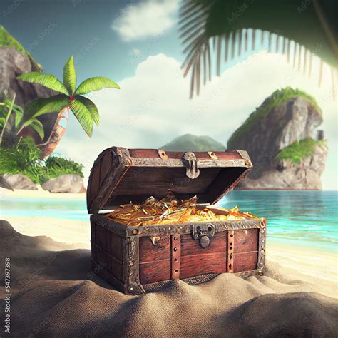 Pirate Buried Treasure Chest On Tropical Island Stock Illustration