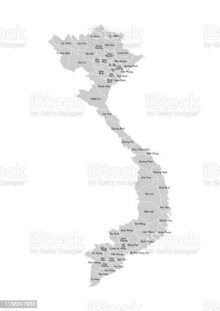 ベトナムの簡略化された管理地図のベクトル分離図都道府県 の境界線と名前グレーのシルエット白いアウトライン アイコンのベクターアート素材や