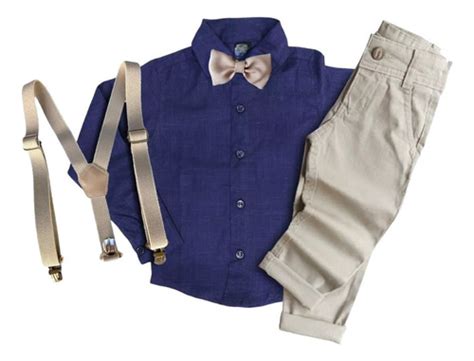 Calça Nude Camisa Manga Longa Azul e Kit Gravata e Suspensório Infantil Lojinha da Vivi
