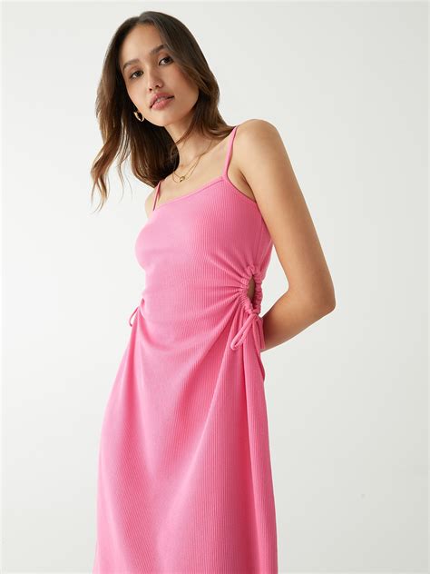 Knit Side Ruched Midi Dress Pink Pomelo Fashion