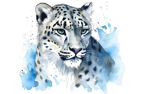 Watercolor Snow Leopard Isolated On White Background Hand Paint