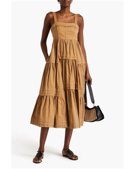 Aje Sophie Tiered Pleated Cotton Poplin Midi Dress In Natural Lyst