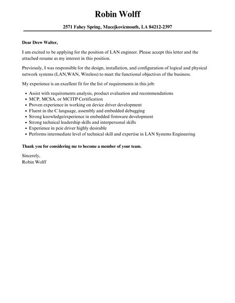 Lan Engineer Cover Letter Velvet Jobs