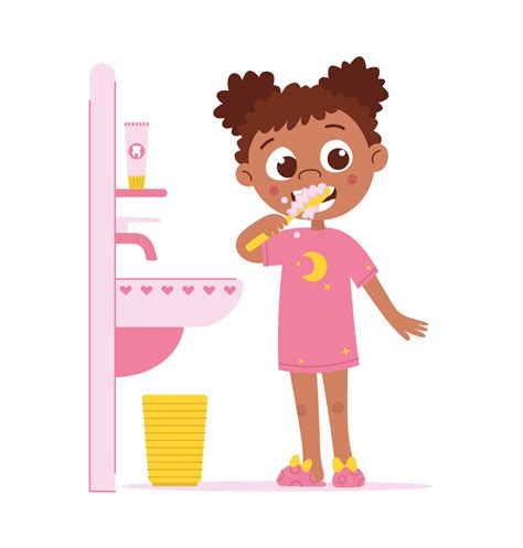 Black girl brushes her teeth. Child and oral hygiene. Vector flat cartoon isolated illustration ...