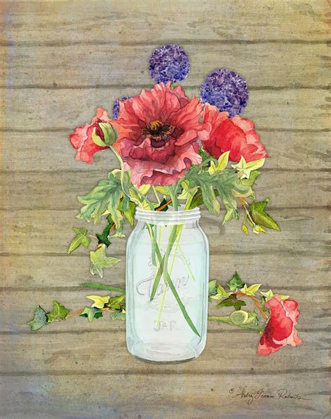 Rustic Country Red Poppy W Alium N Ivy In A Mason Jar Bouquet On Wooden