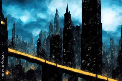 Gotham city comic book urban building. Dark skyscraper skyline with ...