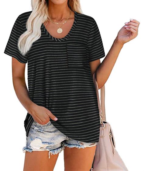 Wiholl Women Summer T Shirts Short Sleeve Rounded V Neck Pocket Tee