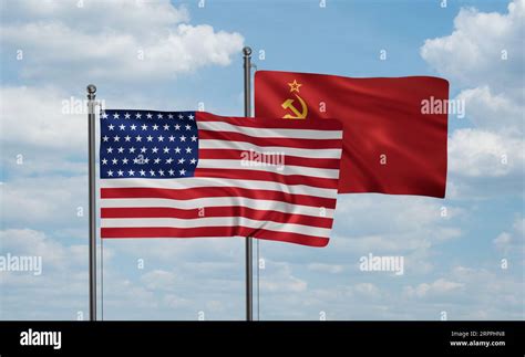 Soviet Union or USSR and USA flag waving together in the wind on blue ...