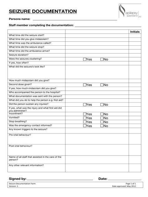 Fillable Online Seizure Documentation Form Page Of Version Date