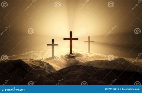 Christian Croses On Hill Outdoors At Sunrise Calvary Crucifixion 3d