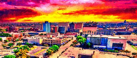 Skyline of downtown Wichita Falls, Texas, at sunset - digital painting ...