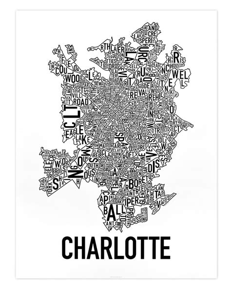 Charlotte Neighborhood Map 18" x 24" Classic B&W Poster